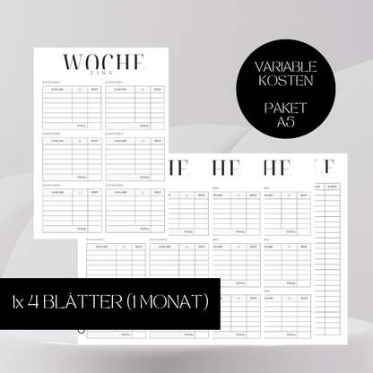 Variable Kosten Einlagen-Paket A5 Budgetplaner