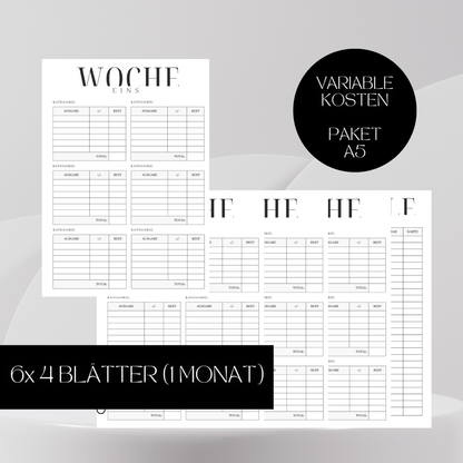 Variable Kosten 6 Monate Einlagen-Paket A5 Budgetplaner
